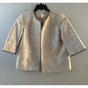 Grace Chuang Open Front Jacket Size Small Gray Metallic Floral Swing Fringe